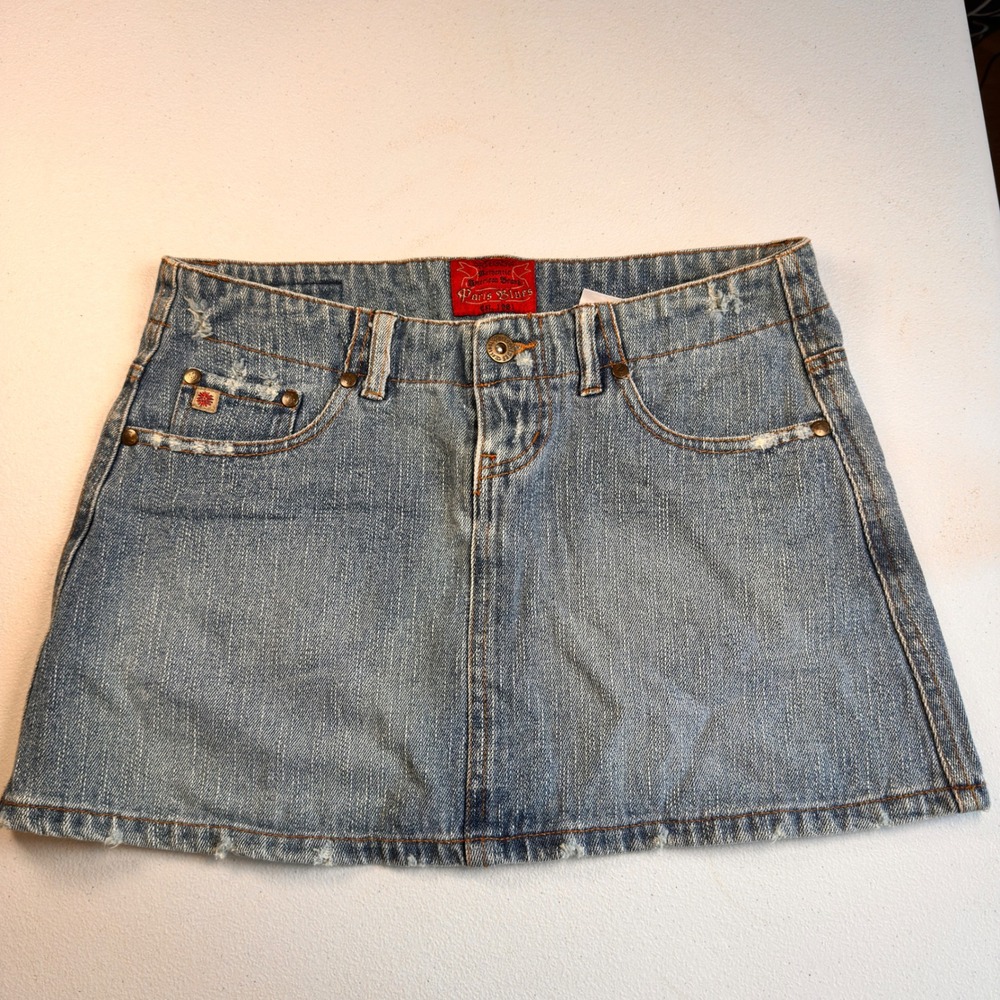 Paris Blues Low Rise Denim Mini Skirt Y2K Light Wash Distressed 100% Cotton Sz 3